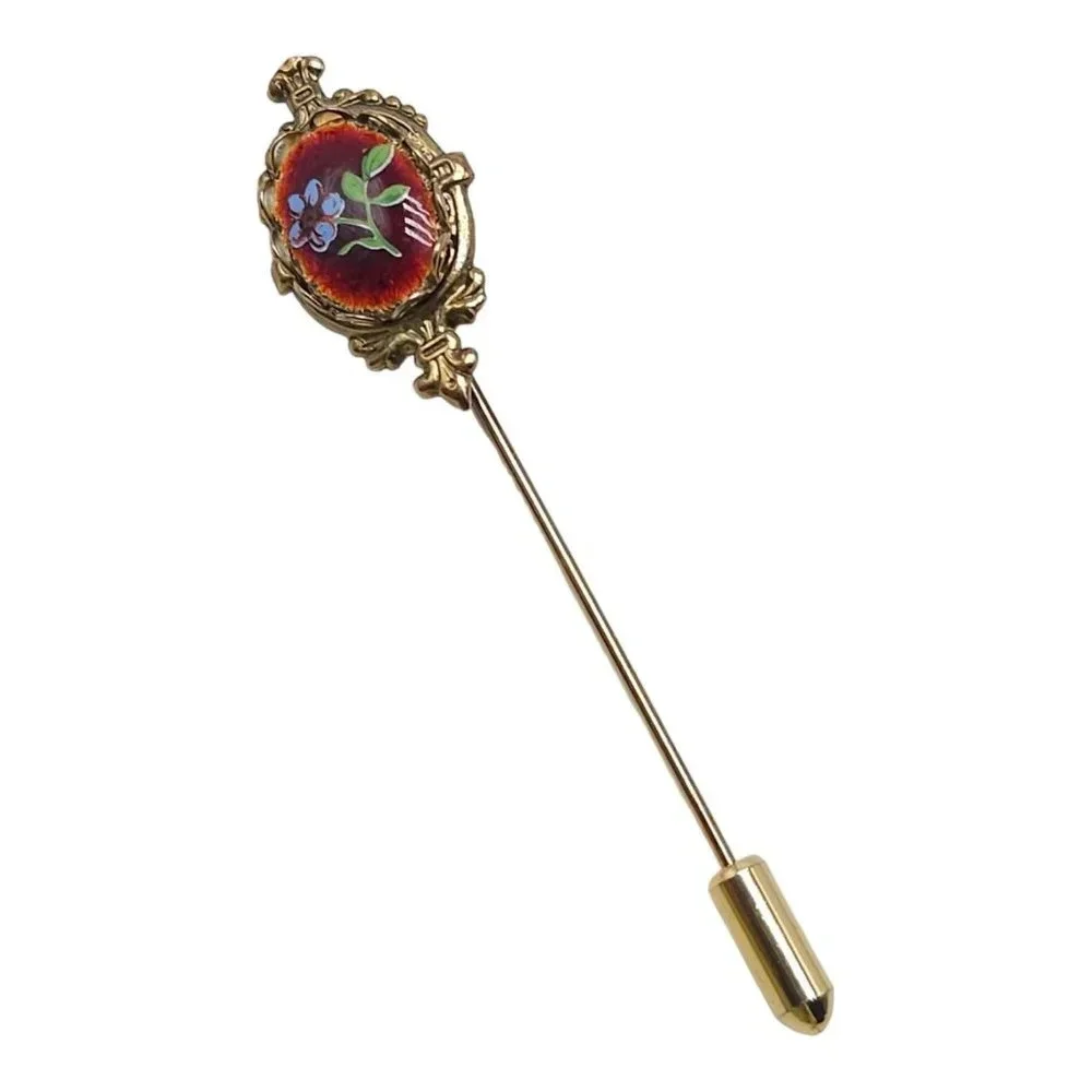 Flower Ceramic Porcelain Lapel Stick Hat Pin Hand Painted Gold Tone Vintage